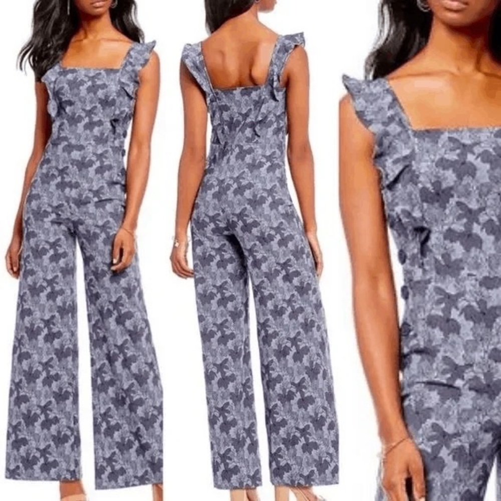 Chelsea & Violet Denim Floral Wide-Leg
Jumpsuit Ramper with  ruffle details SzXS